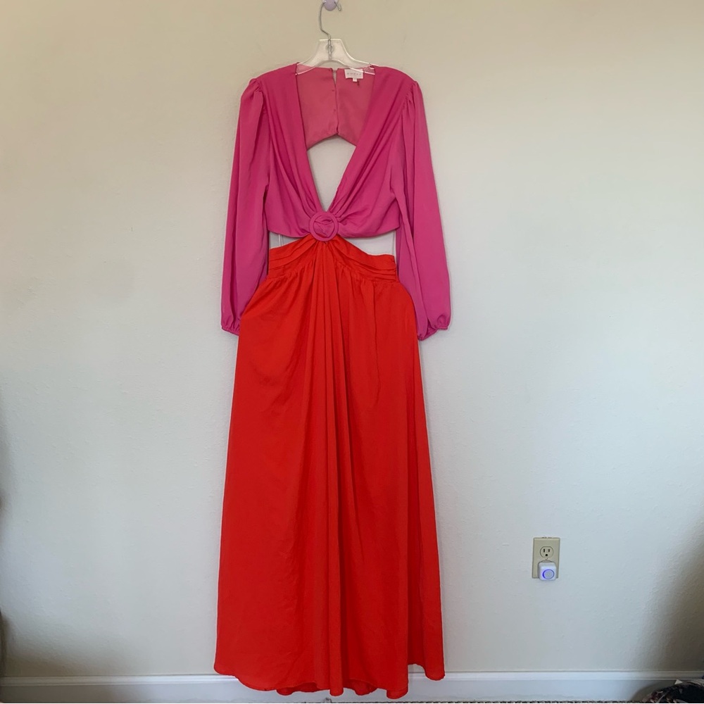 Entro Pink Orange Colorblock Cutout O-Ring Maxi Dress Long Sleeve L‎